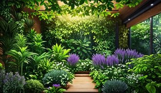 A diverse herbal garden showcasing a central Kratom tree with vibrant green leaves, complemented by lavender and lemongrass, creating a harmonious and lush oasis.