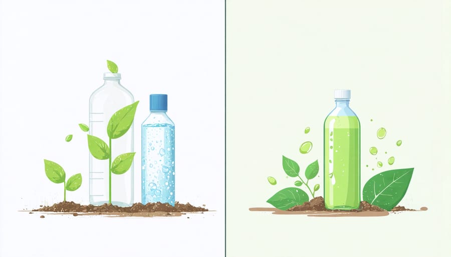 Split image showing harmful chemical runoff beside eco-friendly cleaning solution being safely used on hardscape
