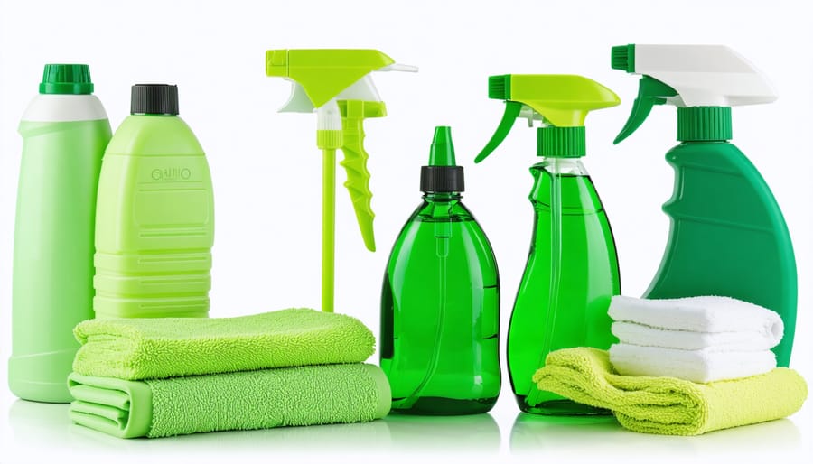 Display of sustainable cleaning equipment including bamboo brushes, plant-based solutions, and biodegradable containers
