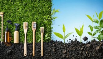 Split image showing a thriving, eco-friendly landscape contrasted with the depleted effects of traditional chemical cleaners, featuring sustainable cleaning tools and lush greenery.