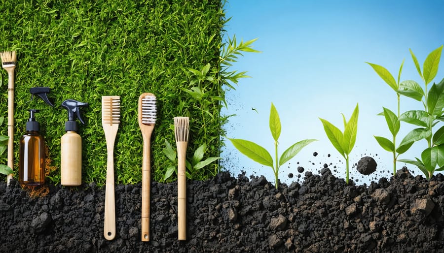 Split image showing a thriving, eco-friendly landscape contrasted with the depleted effects of traditional chemical cleaners, featuring sustainable cleaning tools and lush greenery.