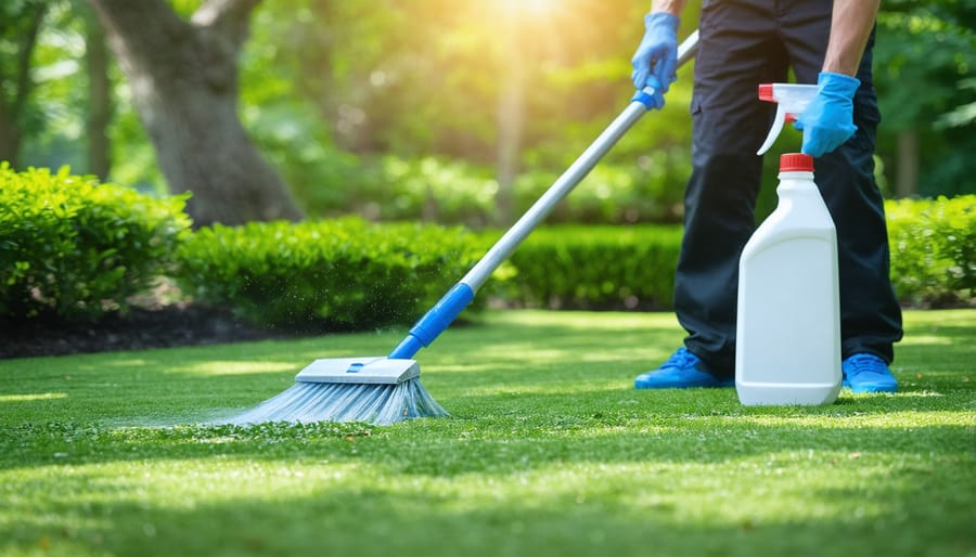 Landscape maintenance worker cleaning outdoor furniture with green-certified cleaning solutions