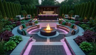 Twilight photo of a modern Canadian backyard featuring geometric stone pavers, curved seating around a lit fire pit, color-changing LED pathway lighting, jewel-toned plants, and a covered bar pavilion framed by evergreen hedging.
