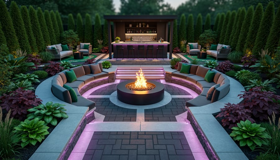 Twilight photo of a modern Canadian backyard featuring geometric stone pavers, curved seating around a lit fire pit, color-changing LED pathway lighting, jewel-toned plants, and a covered bar pavilion framed by evergreen hedging.