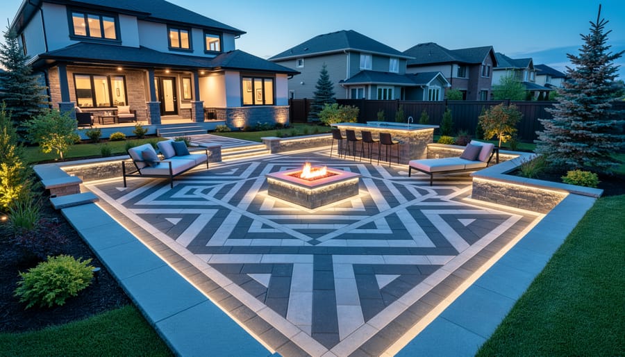 Elegant backyard patio with geometric pavers and casino-style lighting at dusk