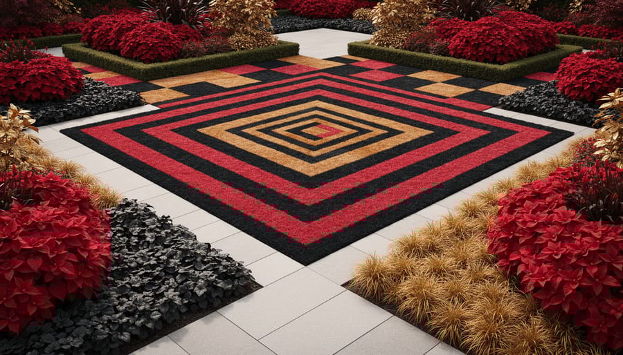 Colorful flower garden with red, black, and gold blooms arranged in geometric casino-inspired patterns