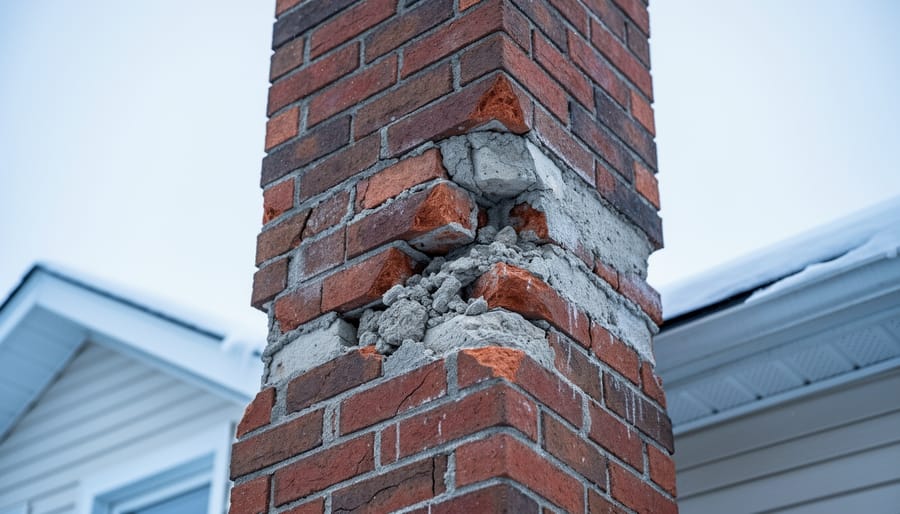 Close-up of damaged brick chimney showing crumbling mortar joints and deteriorating masonry