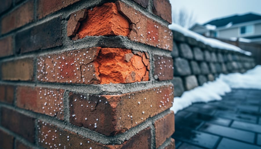 Close-up of a weathered brick chimney corner showing crumbling mortar, spalled bricks, and white efflorescence in cool overcast light, with a blurred leaning stone retaining wall, melting snow, and wet paving in the background.