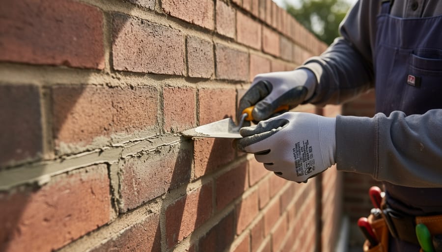 Mason's hands applying mortar between bricks during professional tuckpointing repair