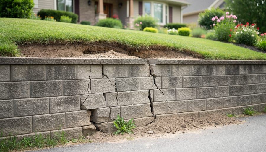 Damaged stone retaining wall showing visible bowing and cracks in masonry structure
