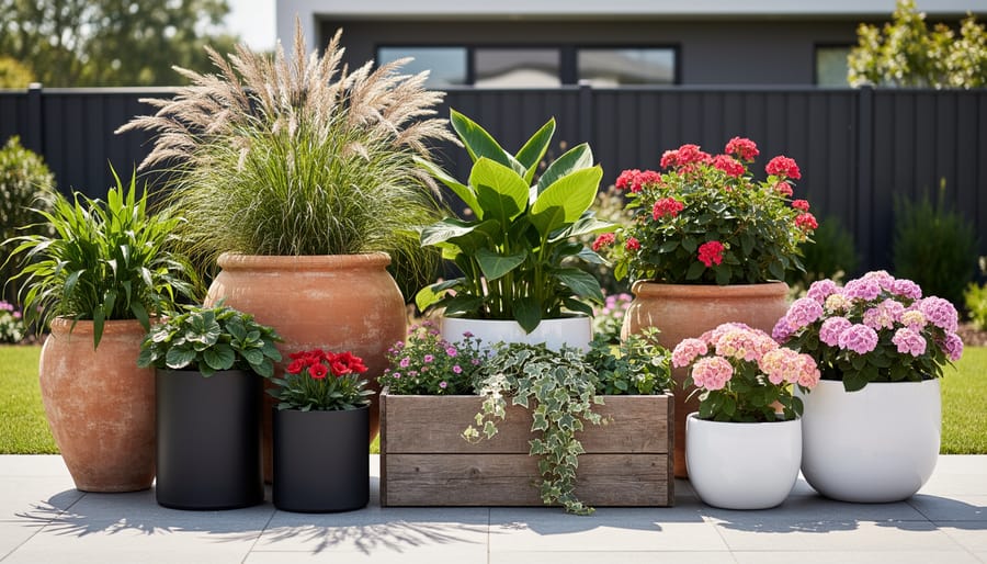 A curated grouping of terracotta, concrete, metal, and ceramic container planters with mixed plants.