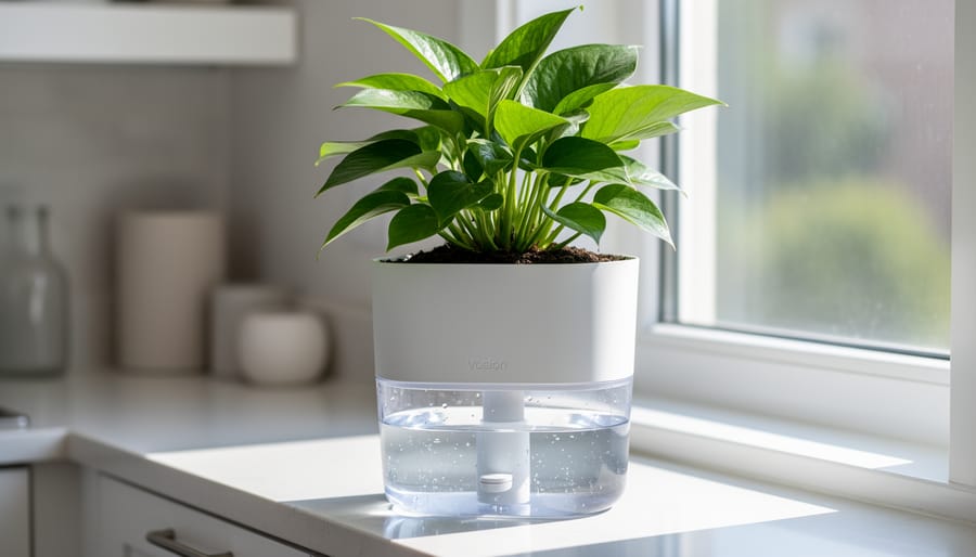 A modern self-watering planter with healthy basil and a pepper plant outdoors.
