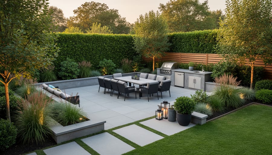 Backyard with custom deck, stone walkway, privacy fence, and layered shrubs