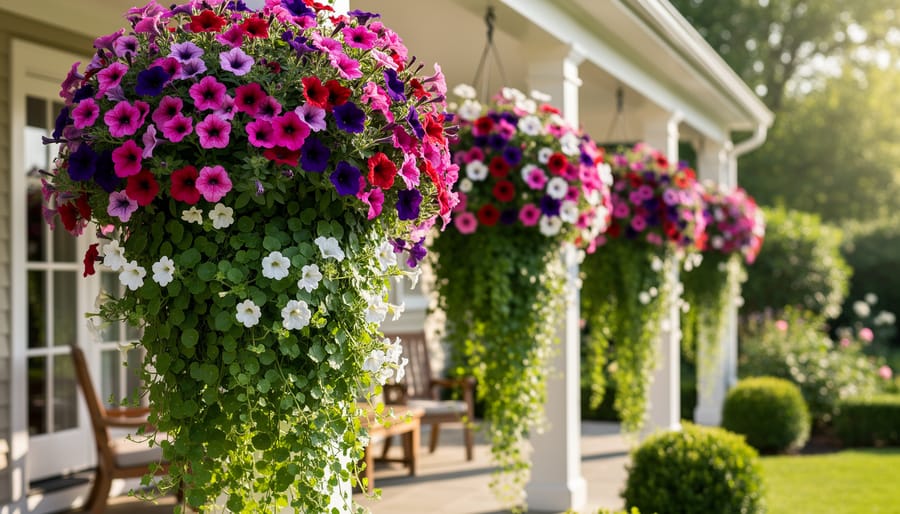 Cascading hanging baskets with trailing petunias and ivy spilling over a balcony.