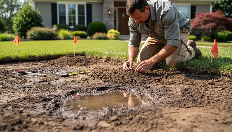 Close-up ground view of soil texture and drainage near a residential landscape edge