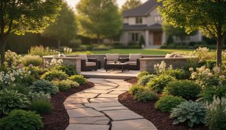 “Custom backyard landscaping with a stone walkway, layered perennial gardens, and warm outdoor lighting beside a patio and home.”