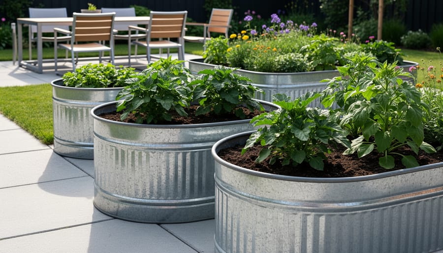 Galvanized trough and stock tank planters filled with soil and leafy plants outdoors.
