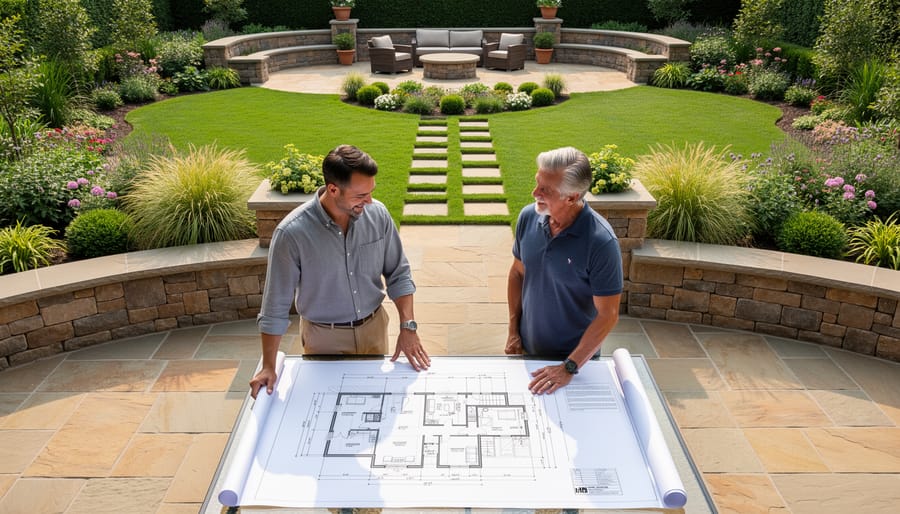 Landscape designer and homeowner standing on a stone patio overlooking a custom garden