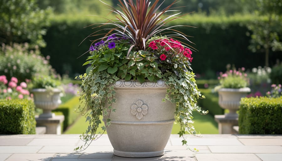 Large decorative glazed urn planter with upright grass, flowers, and trailing greenery near a front entry.