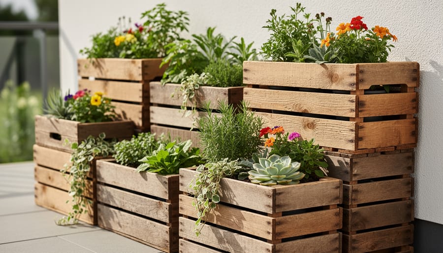 Reclaimed wooden crates used as containers for small plants on a patio.