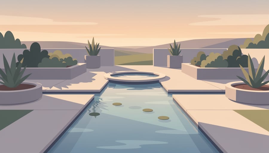 Residential water feature with fountain spray and warm landscape lighting at dusk