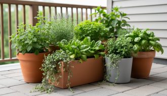 “Mixed herbs and leafy greens growing in terracotta and resin containers on a small patio, photographed in natural light.”