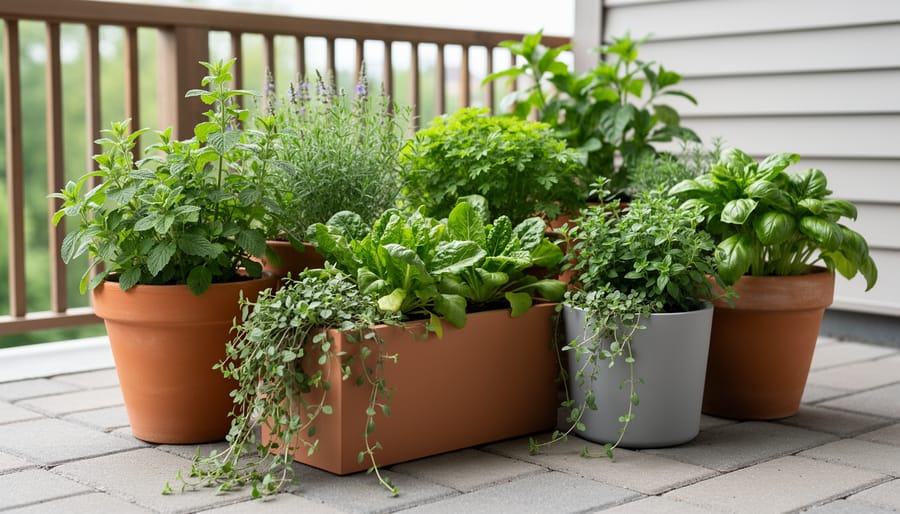 “Mixed herbs and leafy greens growing in terracotta and resin containers on a small patio, photographed in natural light.”