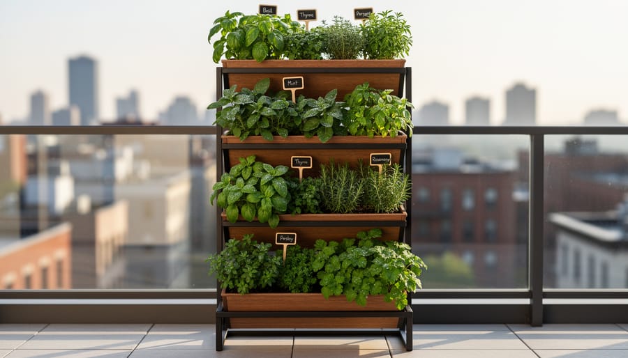 Tiered vertical planters filled with herbs and small greens on a small balcony.