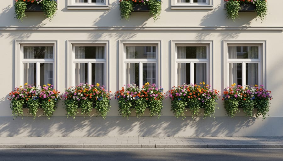 Window box planters filled with seasonal flowers along a building exterior.