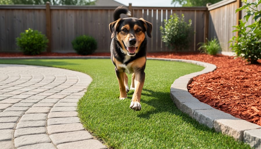 Dog standing in a backyard on decomposed granite near stone pavers and cedar mulch