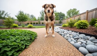 Friendly dog standing in a Canadian backyard on rounded decomposed granite next to clover ground cover and large smooth river rocks within a neatly edged garden bed.