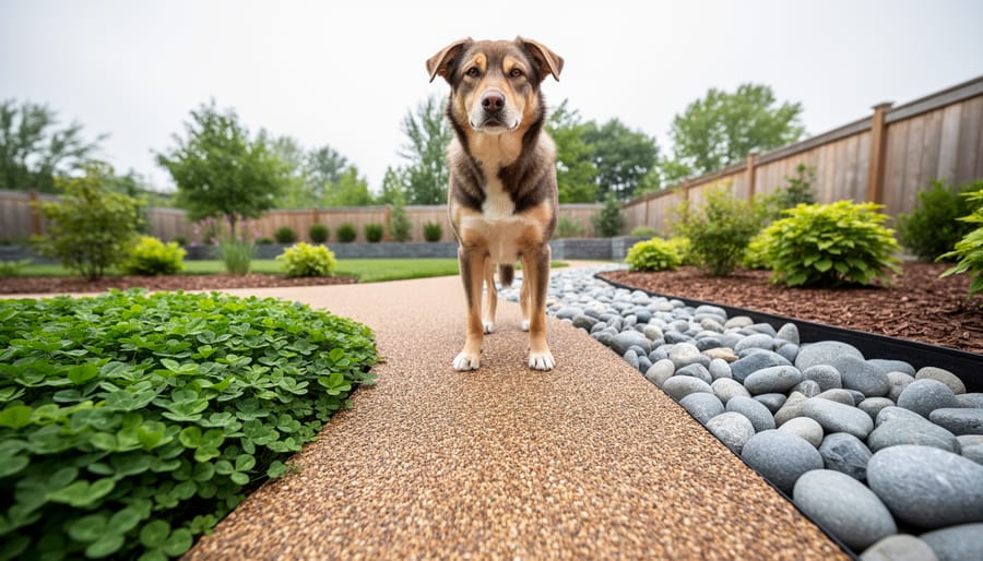 Friendly dog standing in a Canadian backyard on rounded decomposed granite next to clover ground cover and large smooth river rocks within a neatly edged garden bed.