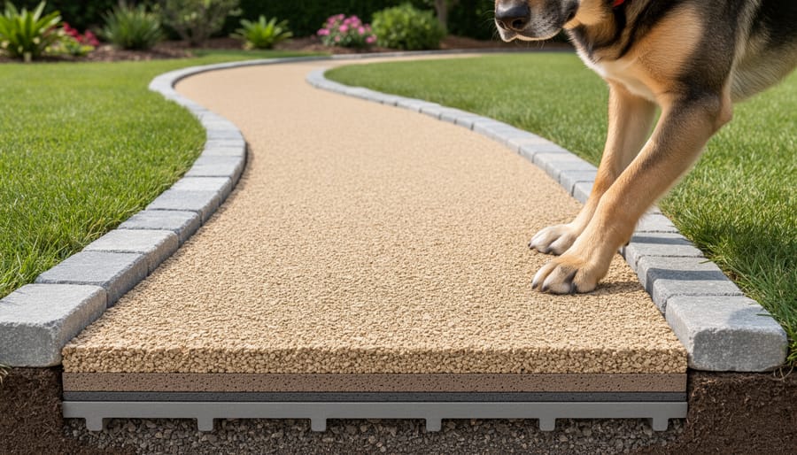 Dog near a textured stone or paver walkway with secure edging and drainage gravel at the border