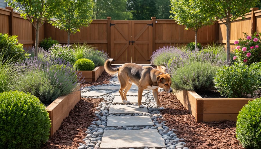 A small dog walking through a pet-friendly backyard with safe mulch and low shrubs