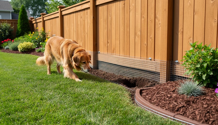 Hands installing a metal dig guard at the edge of a garden bed by a fence