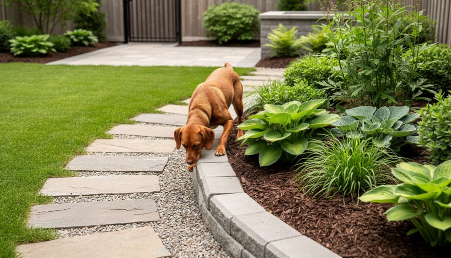 Medium-wide view of a Canadian backyard with a permeable stone pathway, safe-looking garden plantings, and a dog near a low garden border under soft daylight.