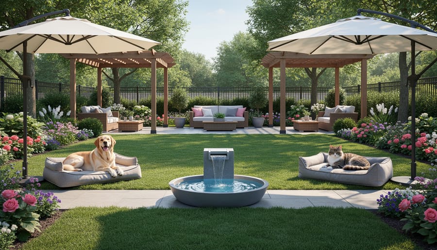 Stainless water bowl and shaded pet rest area in a landscaped backyard
